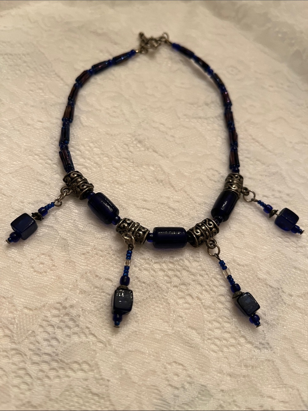 Handcrafted Blue Beaded Dangle Necklace